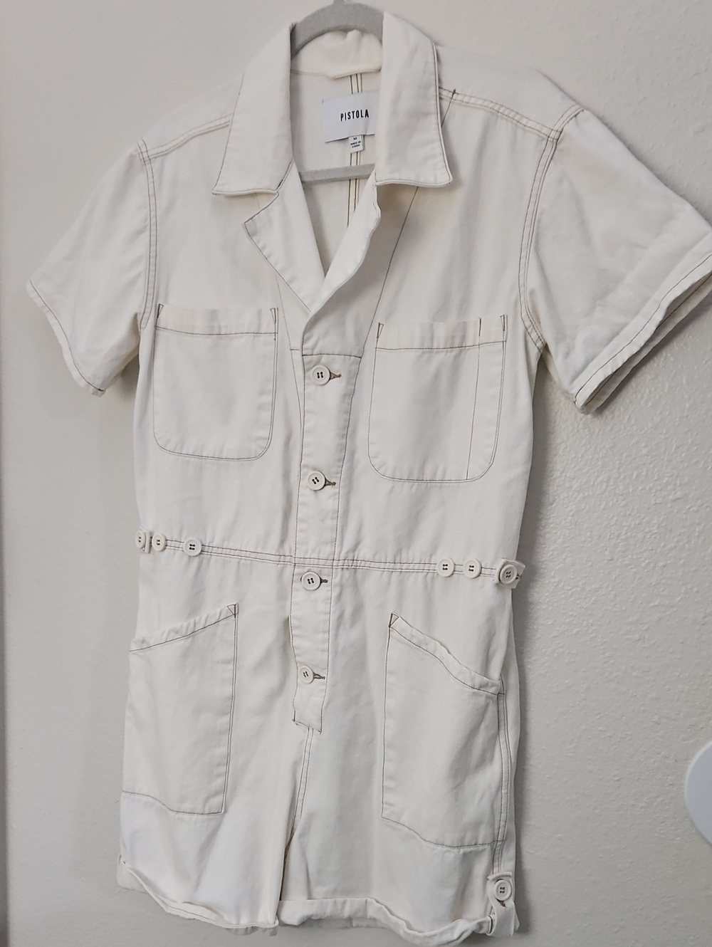 Pistola Denim "Parker" Short Sleeve Utility Romper in Ecru — Size Medium